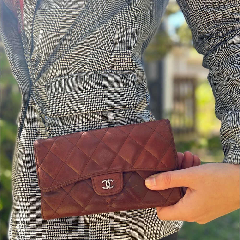 Authentic Chanel Brown Classic Flap Wallet With Chain - Picture 1 of 12